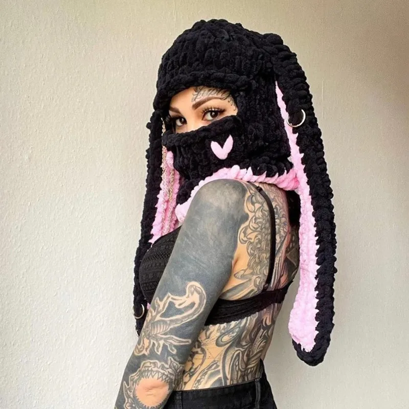 2023 Big Rabbit Ears Knitted Hat  Winter Street for Women Bunny Hat  Balaclava Thick Warm Fleece Hat Mask Headgear Sweet Cool