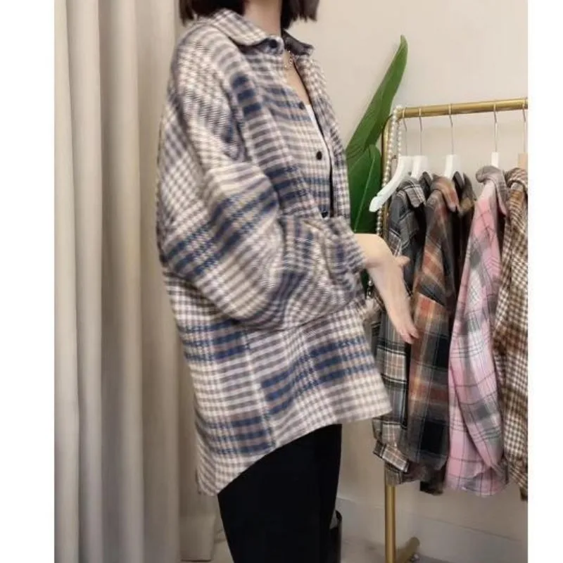 Spring and Autumn Women\'s Cardigan Polo Neck Lantern Sleeve Solid Plaid Stripe Button Loose Officelady Fashion Casual Shirt Tops