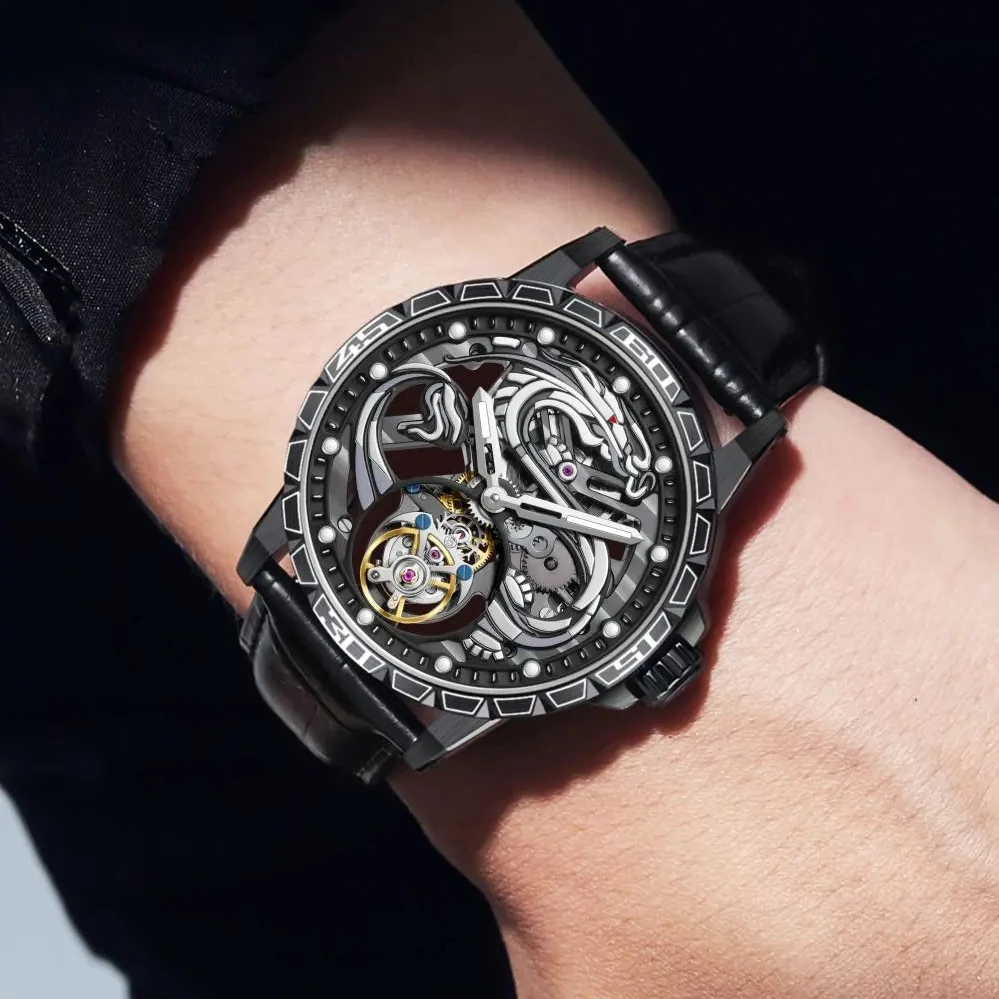 

AESOP Механические часы для мужчин Скелет Турбийон Механизм Модные часы Мужские роскошные сапфировое зеркало Китайский длинный узор