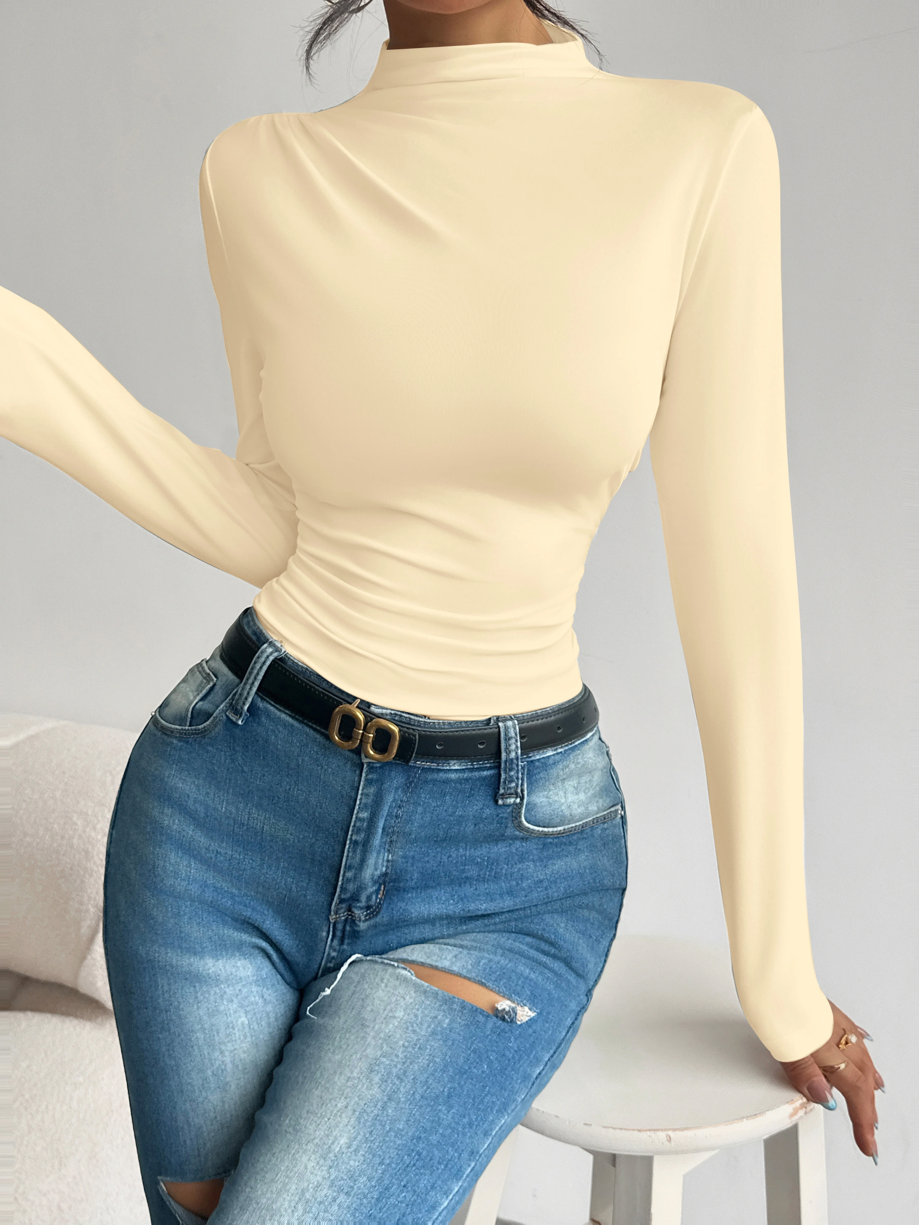 Halbhoher Kragen, plissierte Taille, schlank machendes, langärmliges Basic-Shirt für Damen, vielseitiges Oberteil für Frühling und Herbst. – Detail 9
