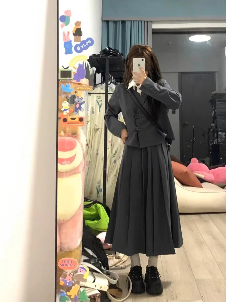 

K-Drama Inspired College Style Two-Piece Suit Set Women's Autumn Winter Long Skirt Jacket Outfit Small Size Fashionable