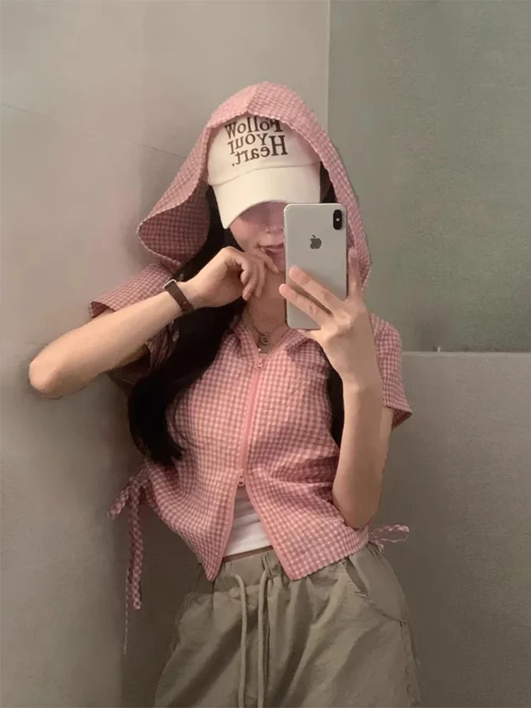 Retro xadrez csa com capuz jaqueta fena verão novo design cordão cintura curto topo material de aodão manga gola flip