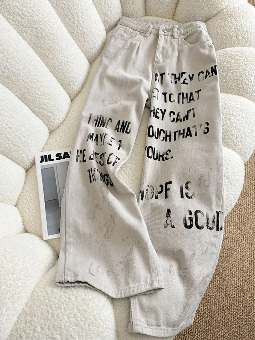 Letter Pattern Women's White Denim Pants Vintage Style Cowboy Straight Leg Pants Spice Girls Trousers Casual Style Pants