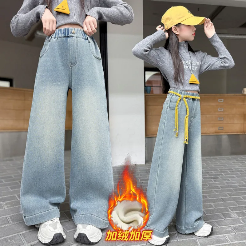 سراويل جينز مطرزة بفيونكة للفتيات للأطفال سراويل دينم كلاسيكية باللون الأزرق الفاتح واسعة الساق ، خريف/شتاء 2022 ، سراويل أطفال شبابية من 4 إلى 14 سنة #2