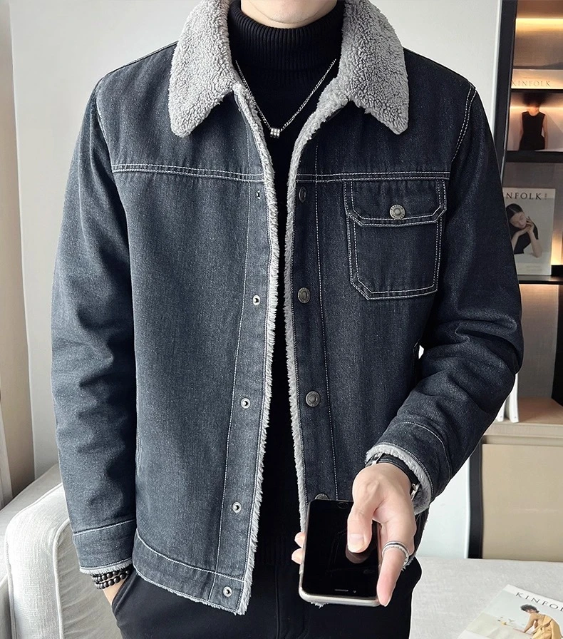 Giacca di jeans blu nera casual allentata spessa foderata in pile monopetto con colletto rovesciato da uomo di nuova vendita calda invernale
