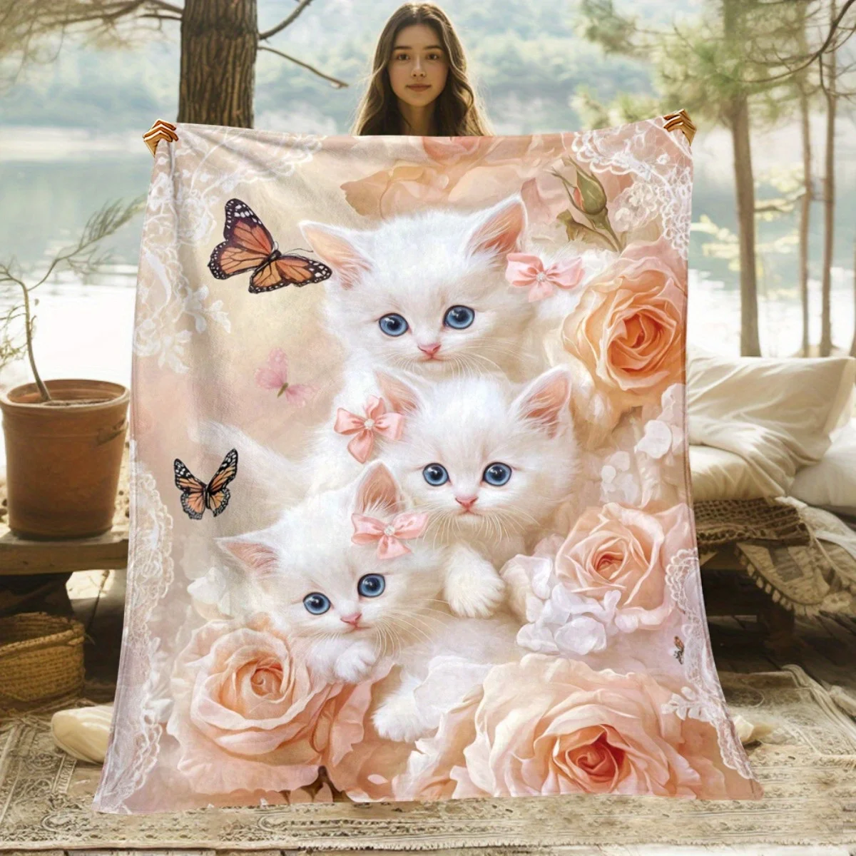 Fluffy Kitten Puppy Dog Blanket Throw Cute Pet Rose Pattern Decorative Nursery Bedding Boho Home Decor Gift Plush Blanket Wrap