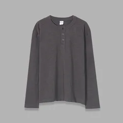 Amikaji 남성용 워싱 대나무 코튼, 헨리 칼라, 루즈 단색, 긴팔 티셔츠, 320gsm