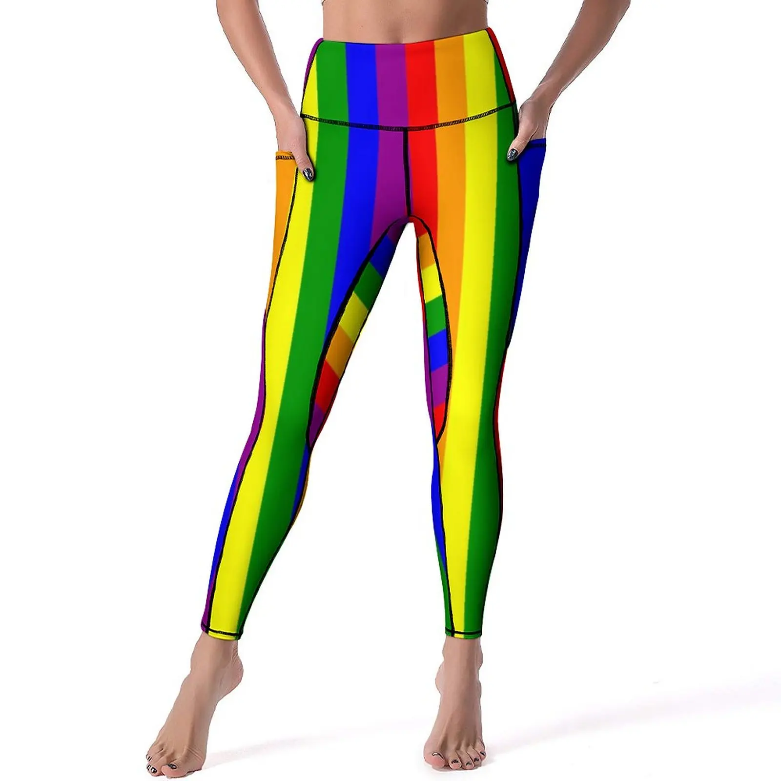 Rainbow Striped Yoga Pants With Pockets Pride Celebration Leggings Sexy Push Up Cute Yoga Sport Legging Stretchy Printed