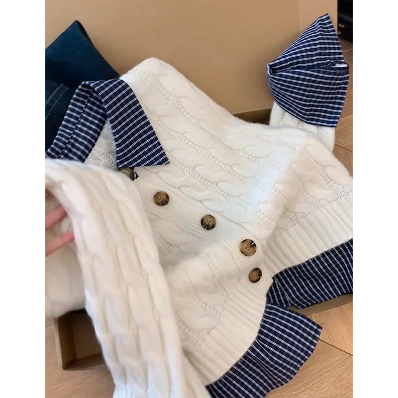 

Women's New Fake Two-Piece stacked Sweater Women's Autumn And Winter Bottoming Knitted Cardigan Comfortable Soft Button Coat