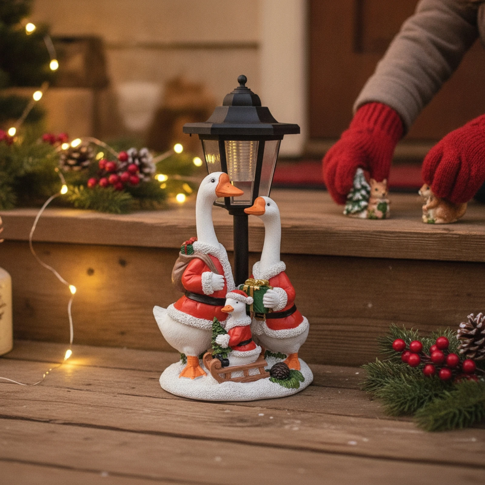 Geese Statue with Solar Lantern Hand-Painted Goose Statue with Lantern Goose Figurine Weather-Resistant Weatherproof