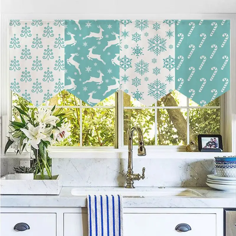 VIKAMA Single Magic Tape Triangular Valance Mint Plaid Diamond Print No Drill Window Blind For Coffee Shop Dessert Store Decor