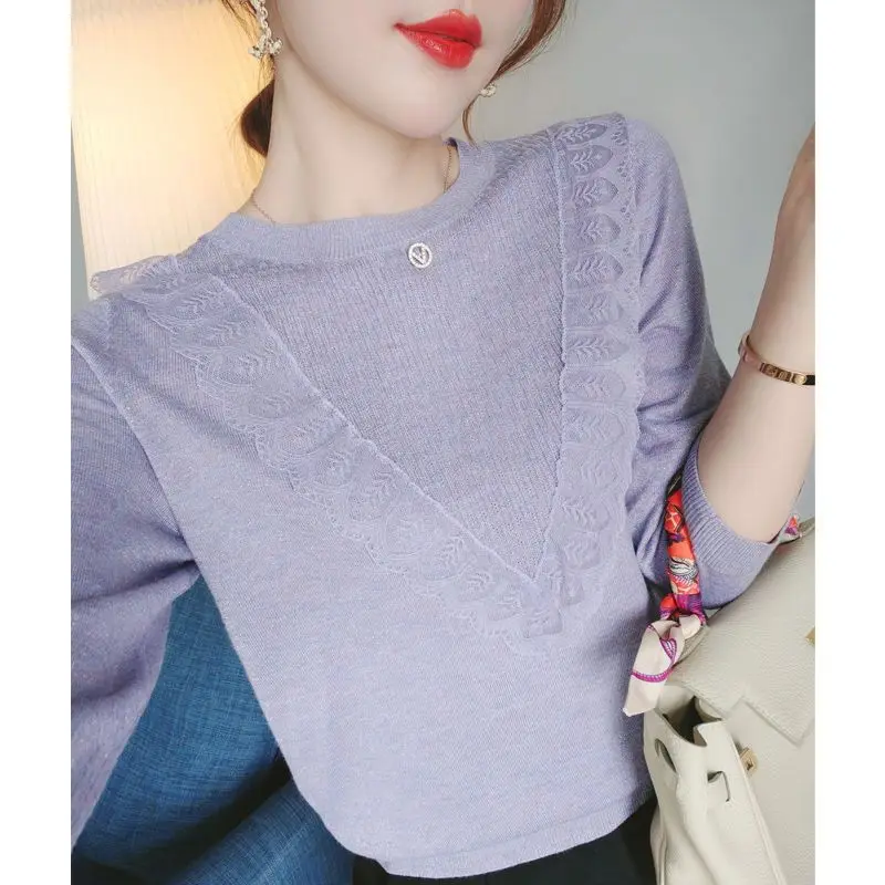 Sweet French lace Splice 2023 Spring Summer New Knitted Sweater Temperament Shirt Top Middle Sleeve Fashion