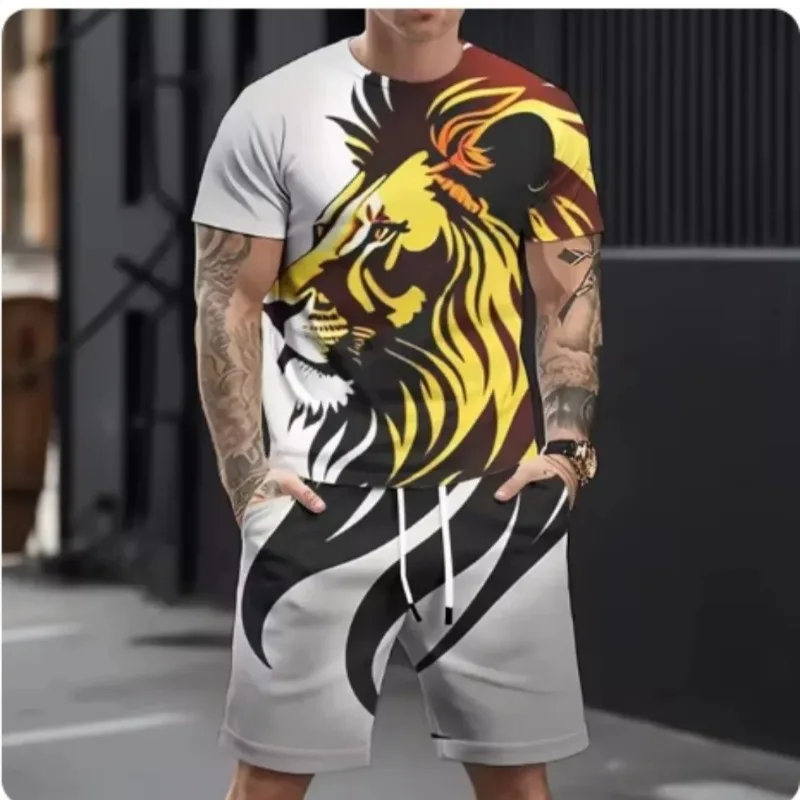 2025 hot selling refreshing style summer casual breathable ultra loose men's top men's casual 3D printed wolf pattern sports set