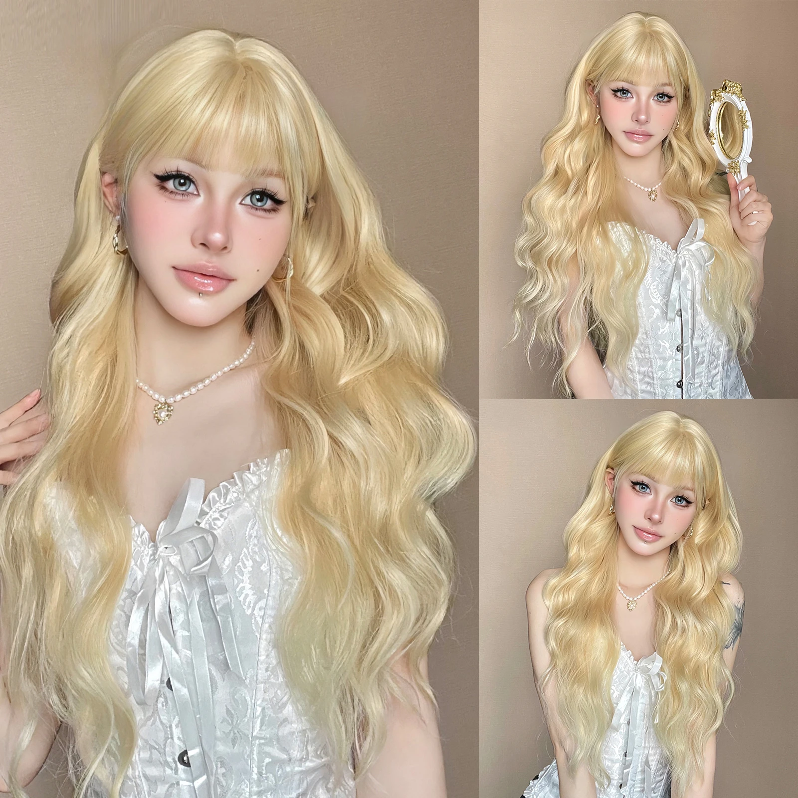 

Blonde Unicorn Long Gloden Blonde Synthetic with Bangs Wavey Daily Party Cosplay for Women Heat Resistant Wigs