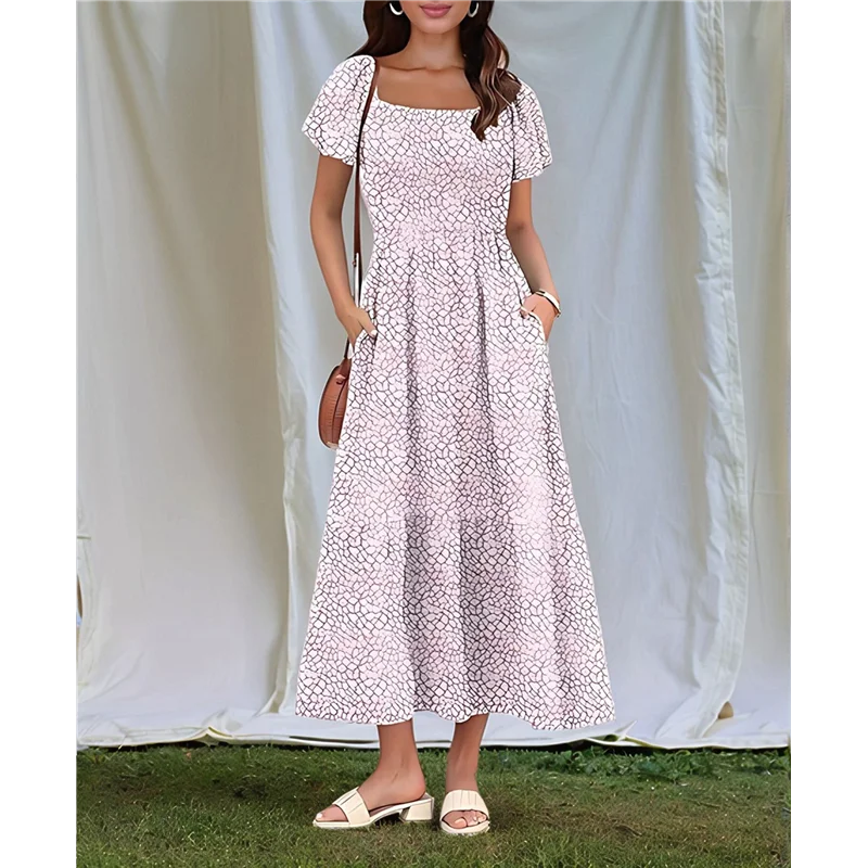 Abito estivo da donna casual con scollo quadrato, maniche svolazzanti, boho, smock, a-line, fluido, a strati, modesto, midi, con tasche