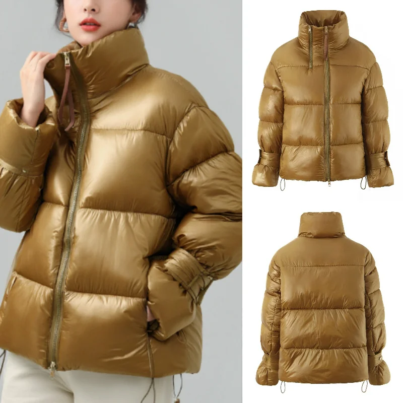 

Тренд осенней моды 2025: сексуальная популярная хлопковая куртка с золотым воротником-стойкой и двойной молнией