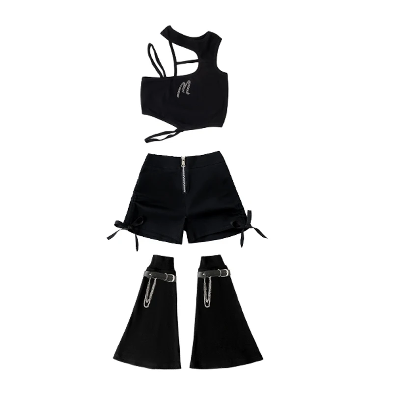 2025 sommer Kinder Jazz Dance Kostüm Mädchen Unregelmäßigen Nabel Tops Schwarze Hosen Kpop Straße Kleidung Bühne Leistung Tragen BL 16703