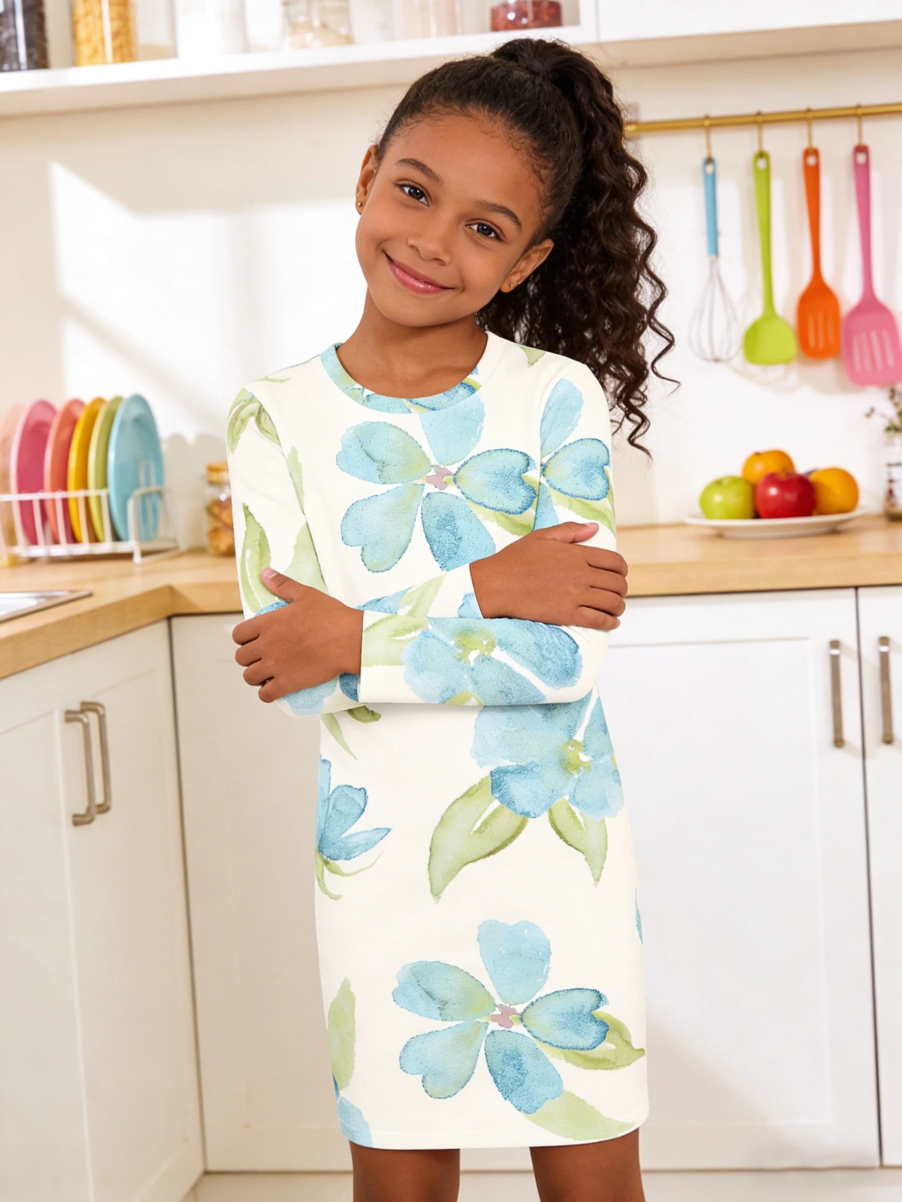 

2026 Girls Off White Bottom Blues Watercolor Floral Print Long Sleeve Slim Fit Dress