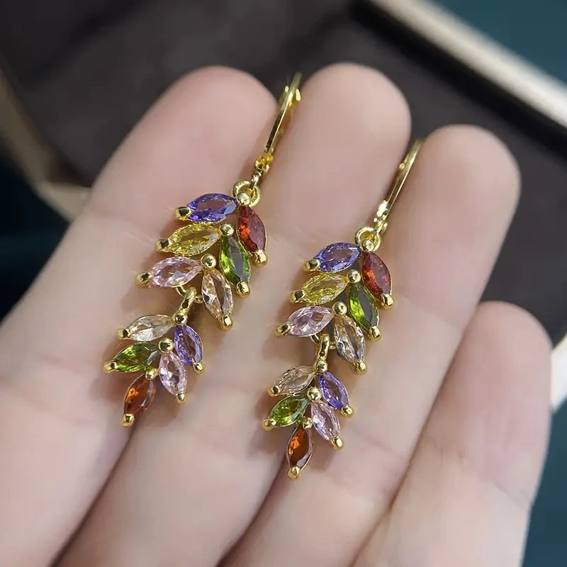 Long Leaf Pendant Earrings For Women\'s Elegant Earrings, Colored Zircon Earrings, Exquisite Jewelry Gifts