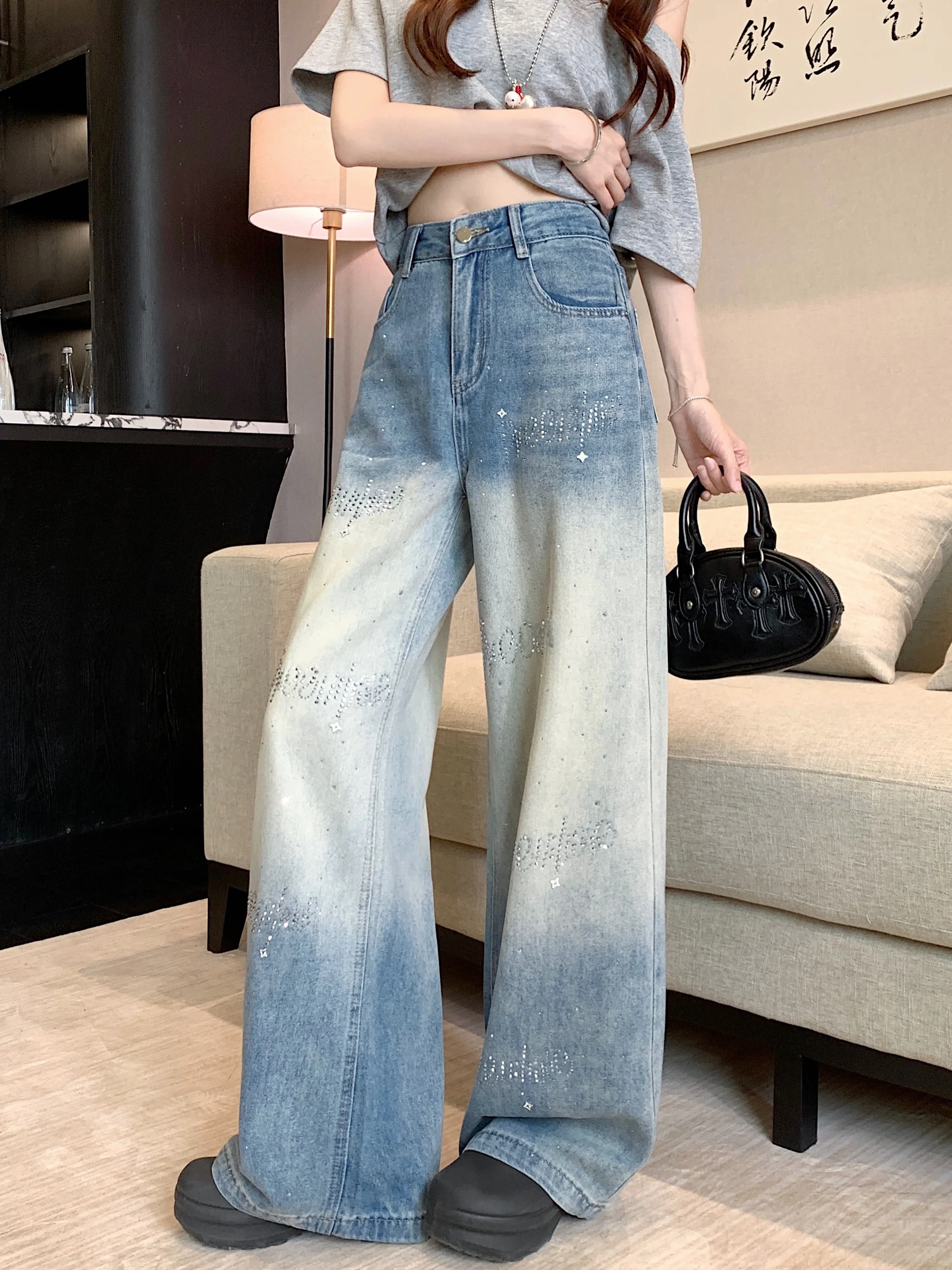 

Retro American Blue Letter Rhinestone Denim High Waist Slim Wide Leg Pants Spring Ladies Floor-Length Jeans Casual Style