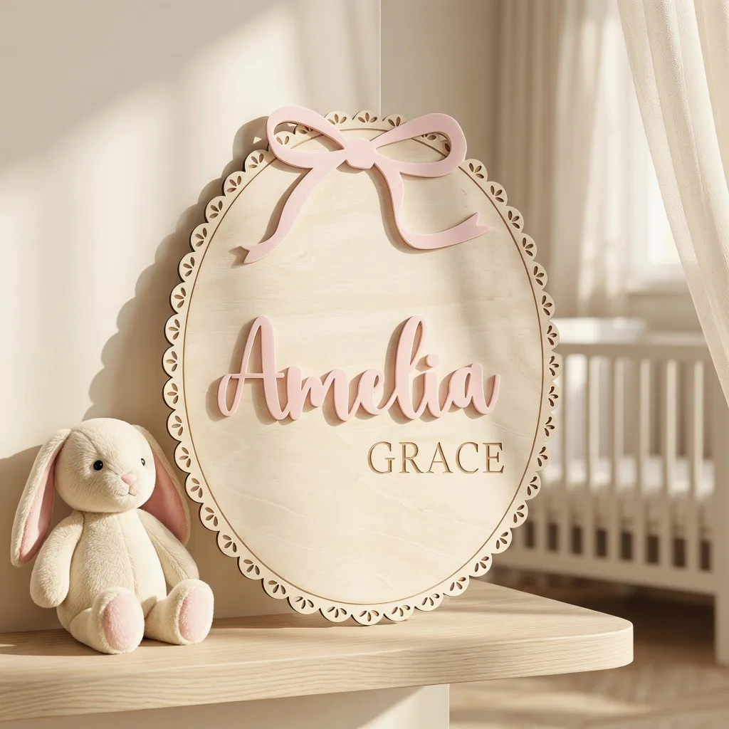 1Pc Custom Bow Lace Edge Baby Wooden Name Plaque,Home Kids Room Nursery Bedroom Wall Nursery Decor,DIY Paintable,Birthday Gift view 5
