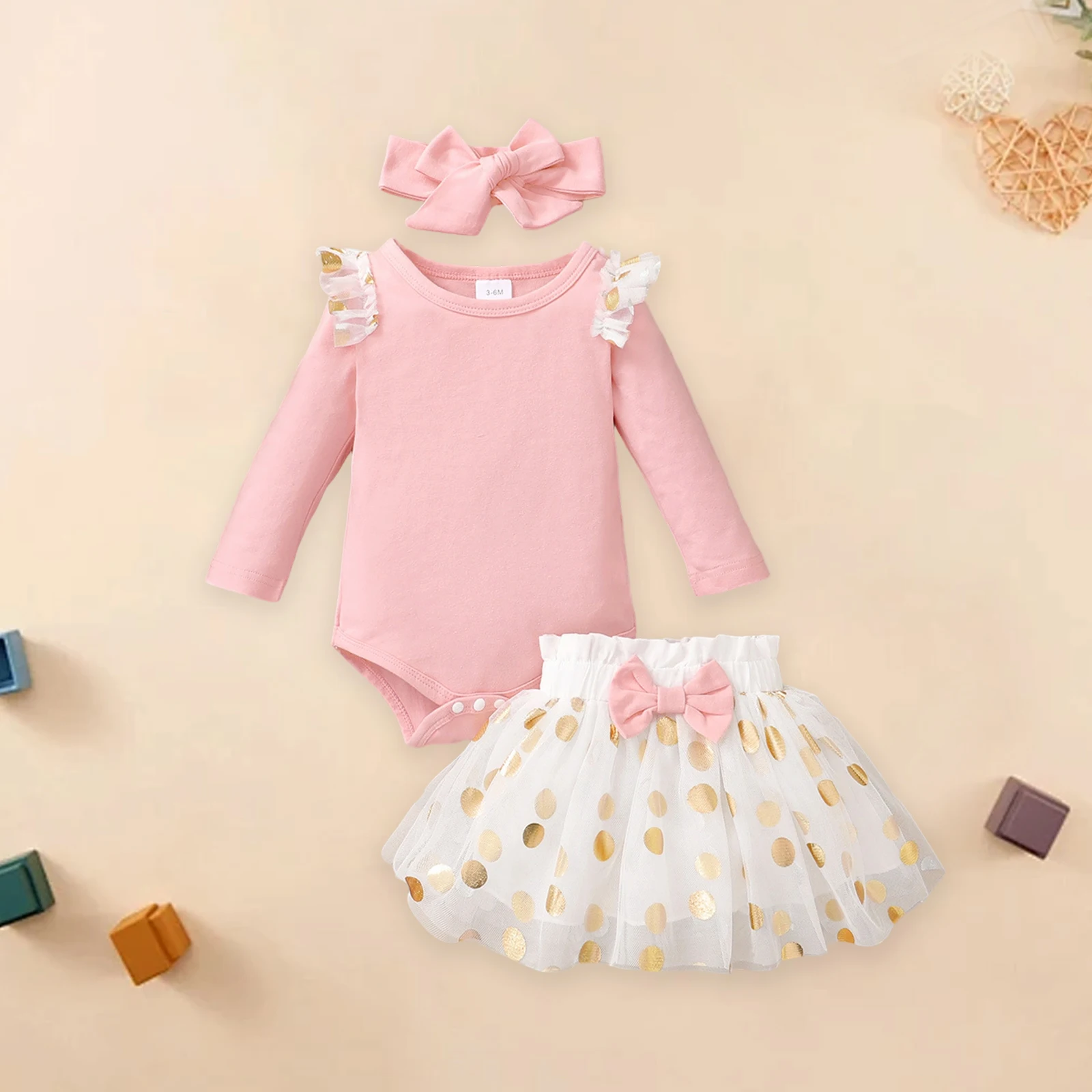 0-24M 幼児ベビー女の子服セット長袖フリルロンパースとドットチュールスカートとヘッドバンド 3 ピース衣装