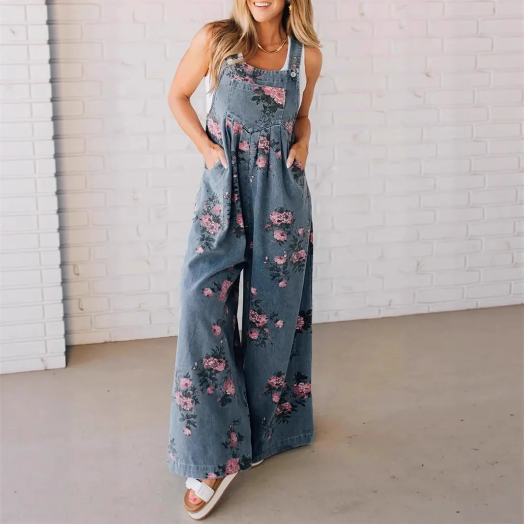 

Summer New Fashion American European Women's Flowers Printed Casual Trendy Sleeveless Casual Trendy Jumpsuits Female Clothes