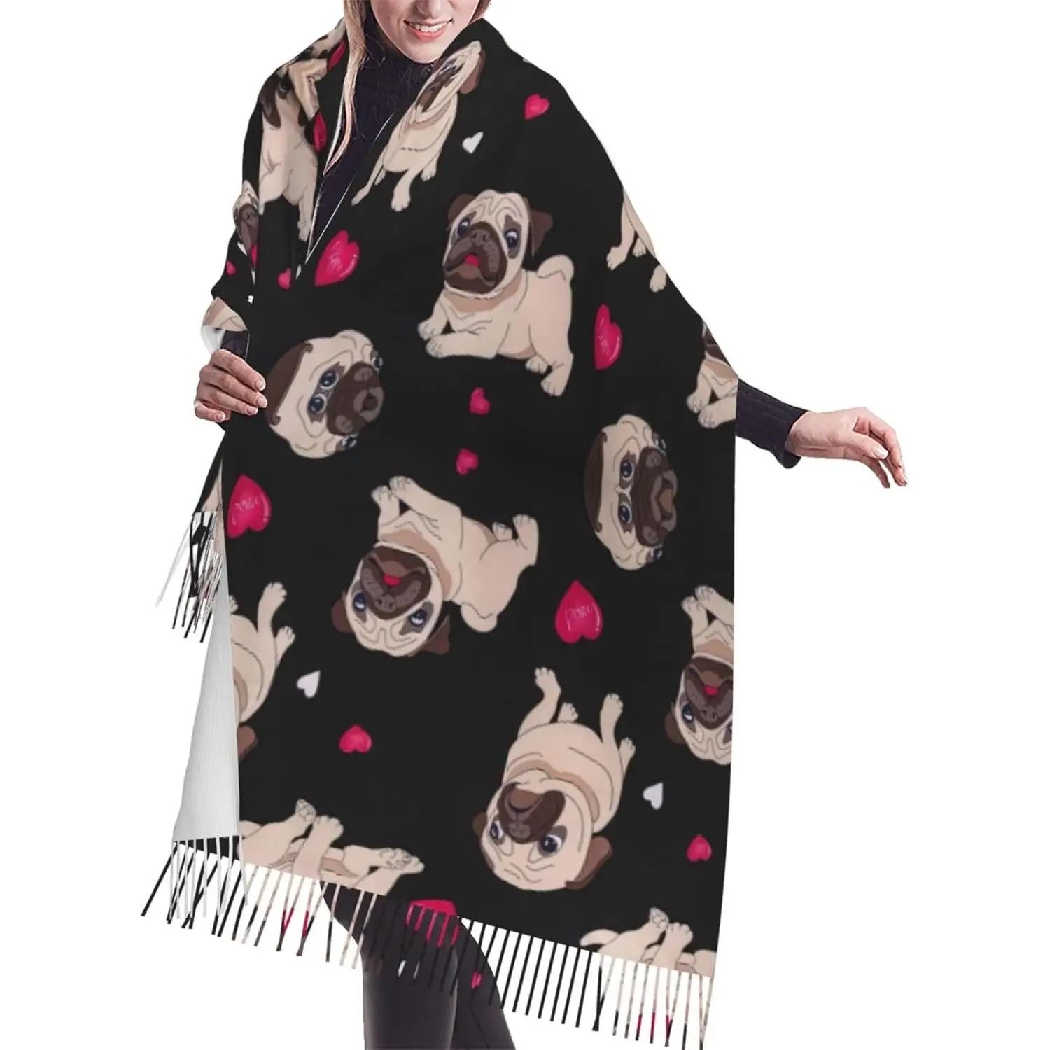 

Cute Pug Print Fringed Scarf Lightweight Women'S Fashion Scarf Soft Wrap Shawl Tassel Scarf Gift