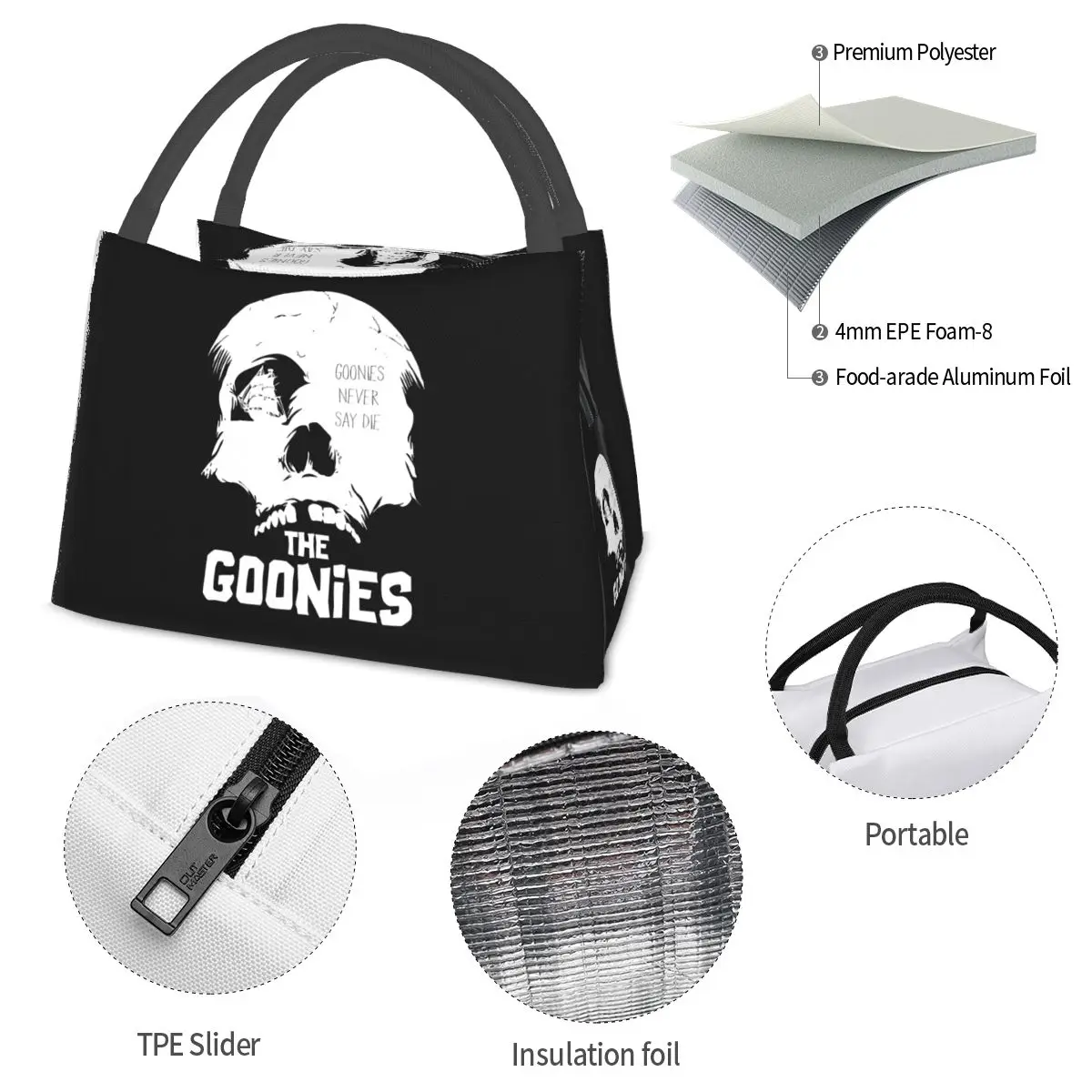 Goonies Never Say Die Bolsas de almuerzo Caja Bento aislada Bolsa de almuerzo reutilizable Bolsas de picnic Bolsa térmica más fresca para mujer Estudiante Escuela