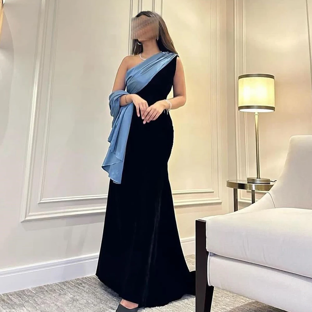 Elegant Party Evening Dresses Woman One Shoulder Contrast Color Sleeveless Velvet Ankle Length Sweep Train Floor Length  Prom