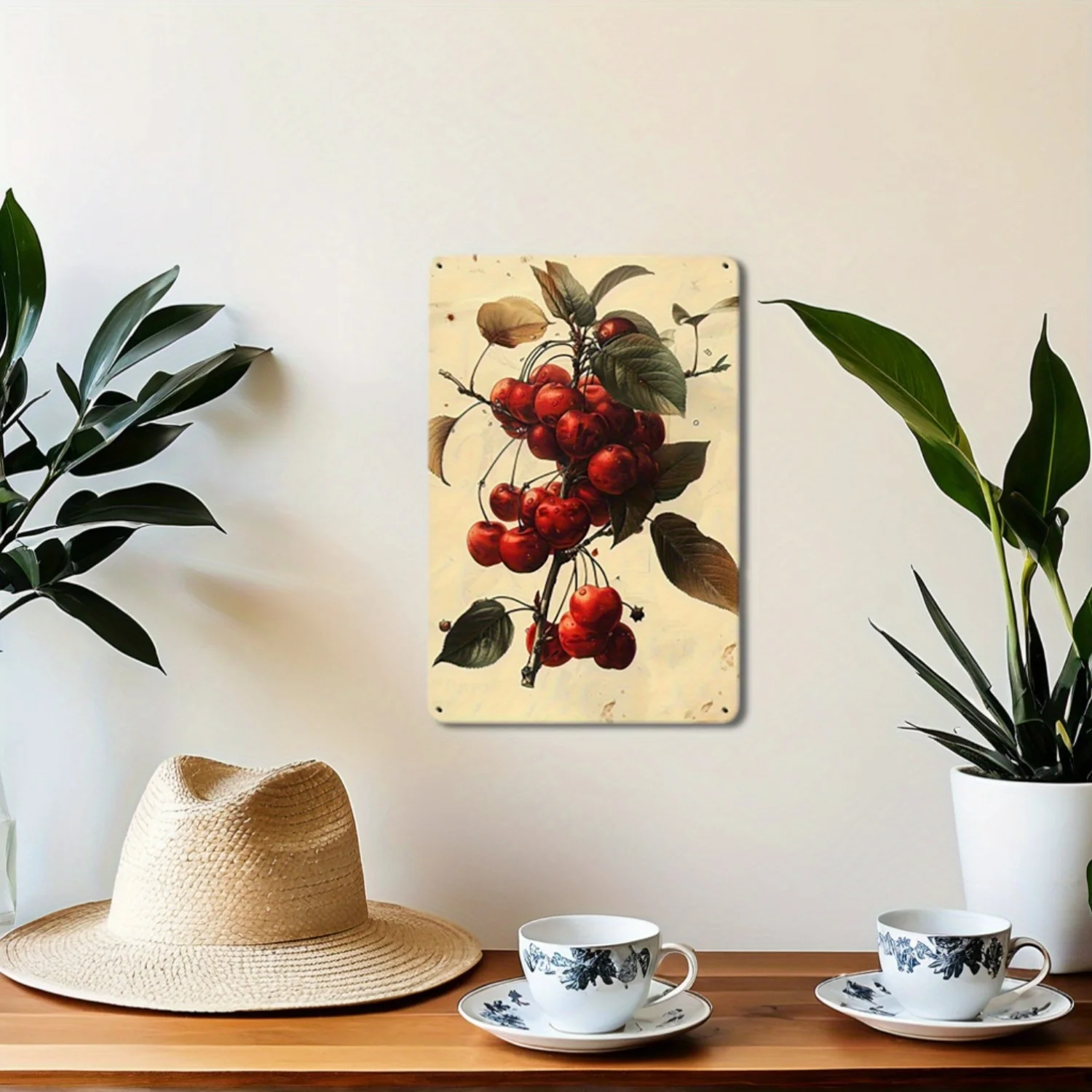 2D Flat, Single Piece Metal Sign, Retro Cherry Branch Metal Tin Sign, Rust-Resistant And Waterproof Iron Wall Art