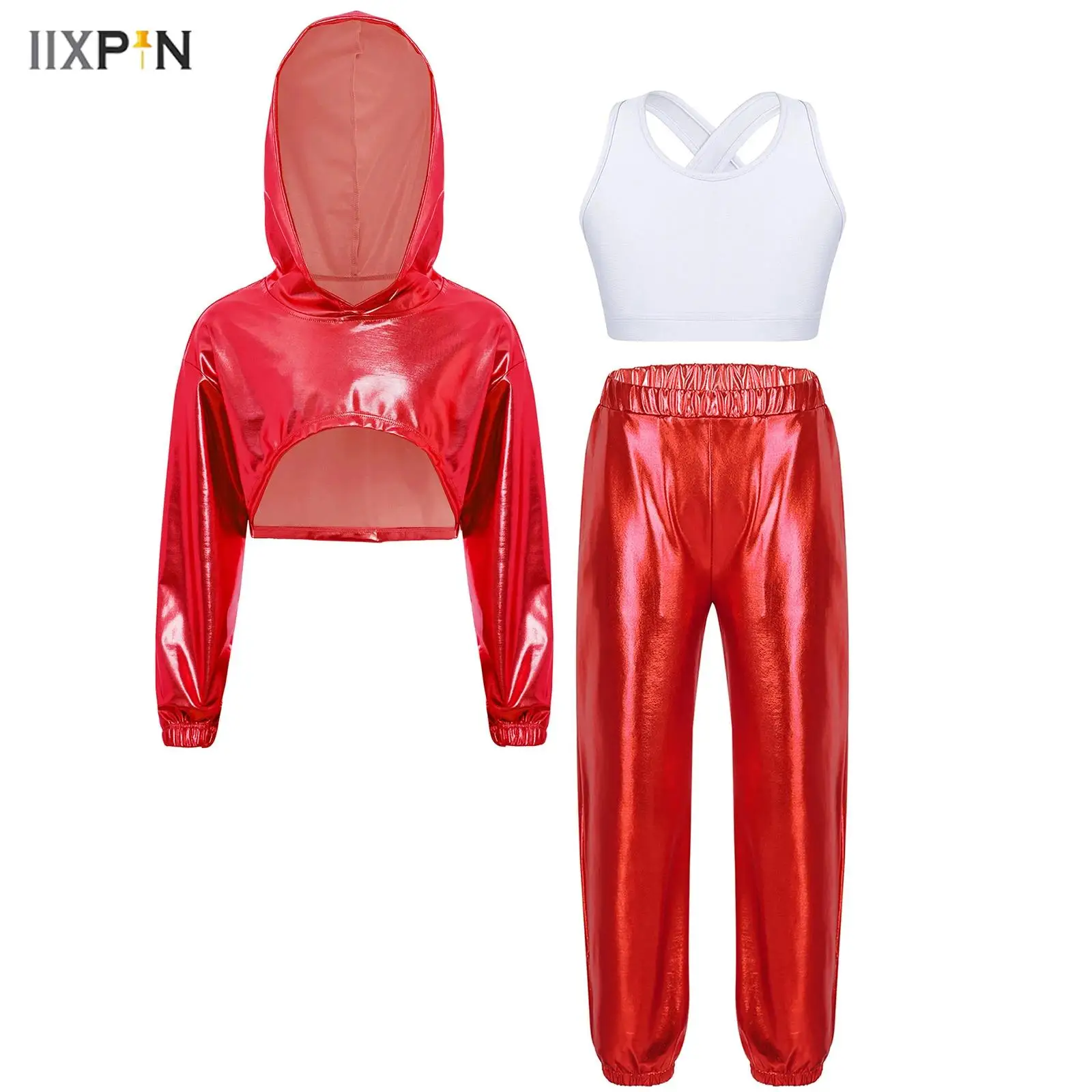 

Kids Girls Hip-Hop Jazz Dance Costume Long Sleeve Asymmetrical Hem Metallic Cropped Hoodie + Vest + Pants 3Pcs/Set Streetwear