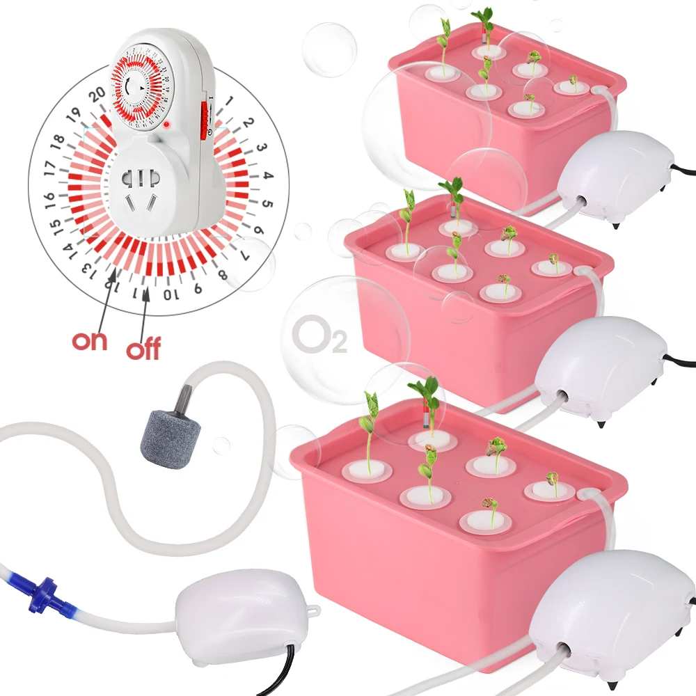 Caja de plantación rosa de 5L, sistema hidropónico de cultivo de 6 orificios con bomba de aire recirculada, kits de temporizador de cultivo sin suelo para vegetales, hierbas y tomates