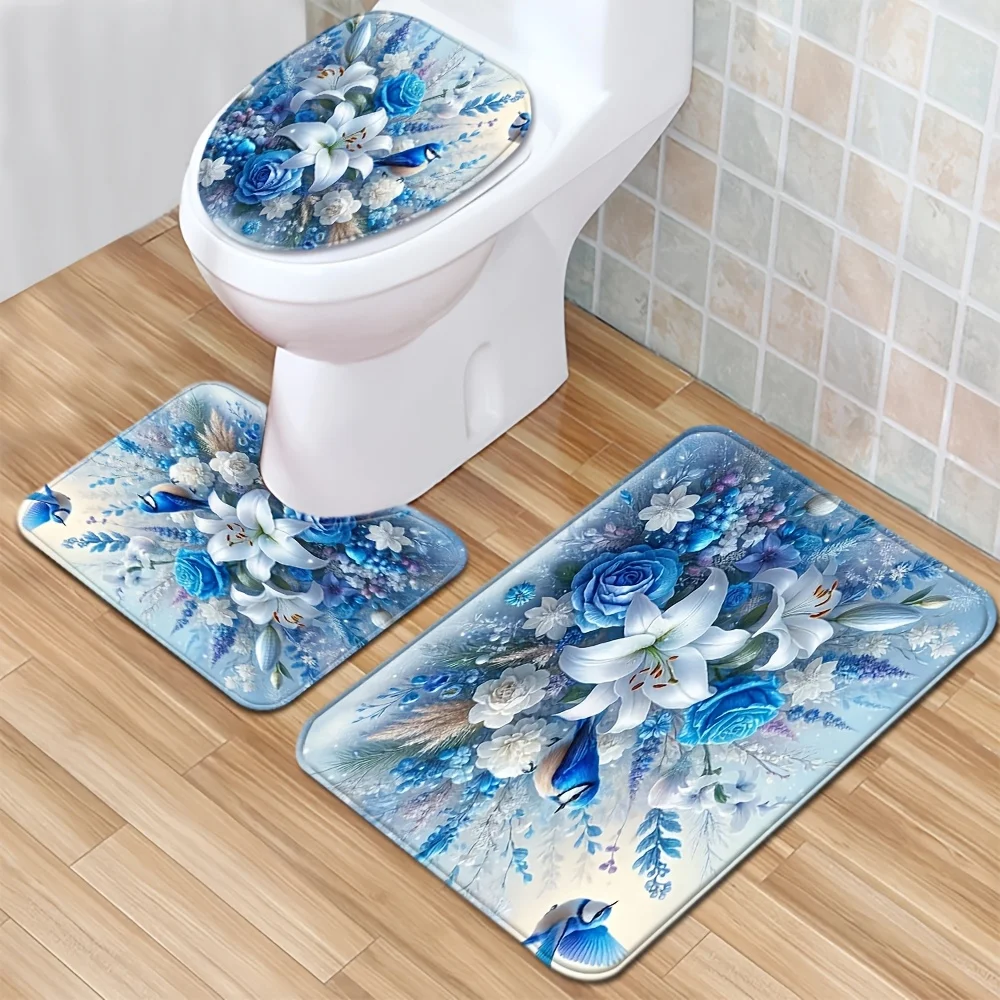 Blue Rose Bird Floor Mat Set Toilet Cover Toilet Carpet Bathroom Absorbent Door Mat Bathroom 3 Piece Set Non-slip Mat Decoration