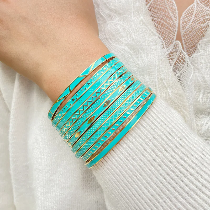 Zalman Brand Geometric Design Classic Green Enamel Bangle Gold Color Stainless Steel Thin Bracelet Women Wholesale 2023