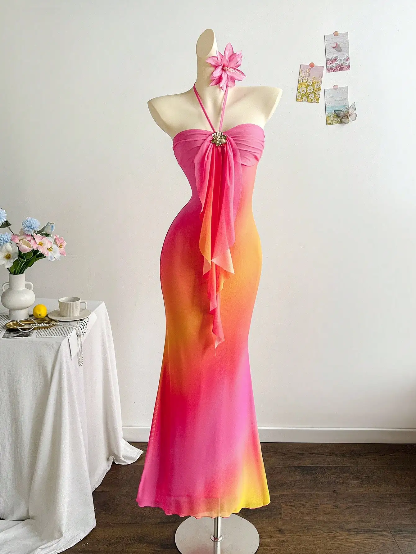 

Ombre Halter Maxi Dress with Metallic Buckle, Fishtail Hem for Party Date Afternoon Tea