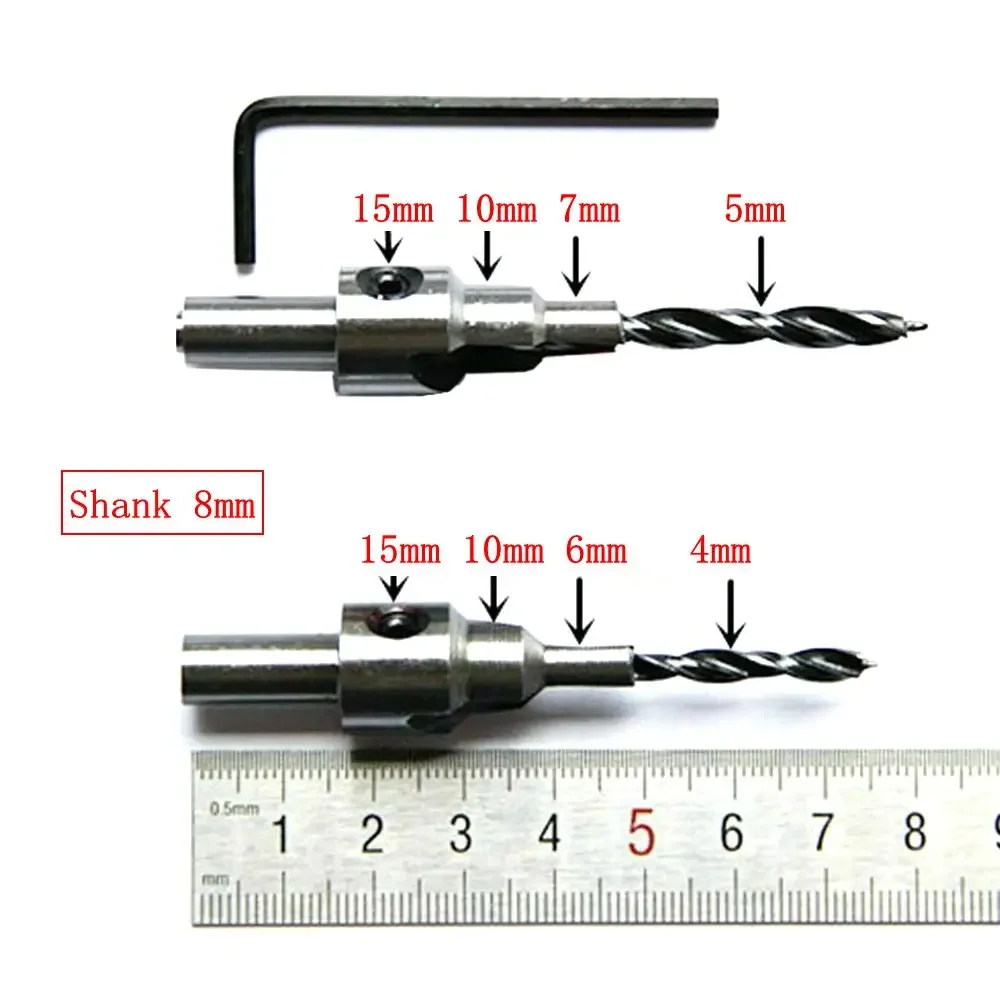 Juego de brocas avellanadoras de 3 escalones, herramienta de tornillo de sierra de agujero de bisagra de ventana de madera, 6mm, 7mm, 10mm, 15mm, 2 piezas
