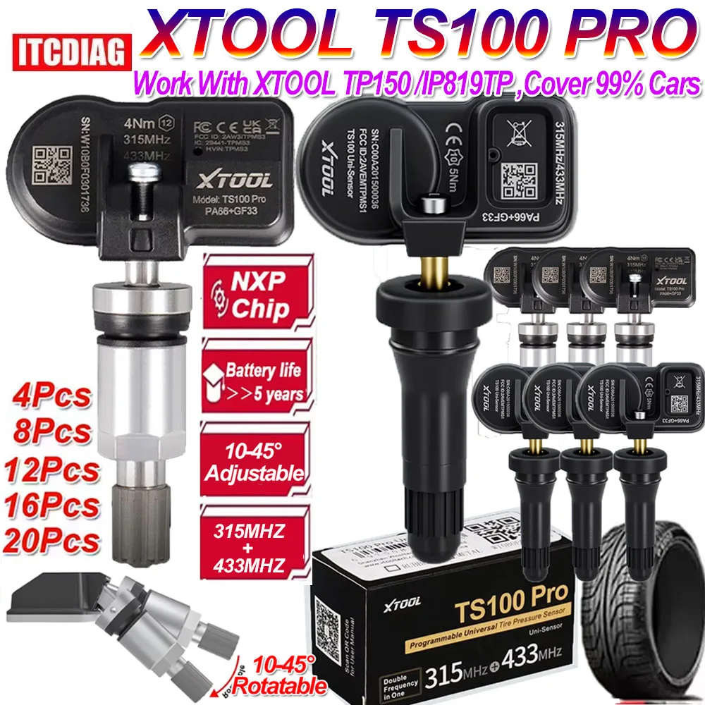 

XTOOL TS100 PRO TPMS Sensor Rotatable from 10-45° Sensor 2in1 315+433MHz TS100Pro Tire Repair Pressure Monitor For XTOOL TP150