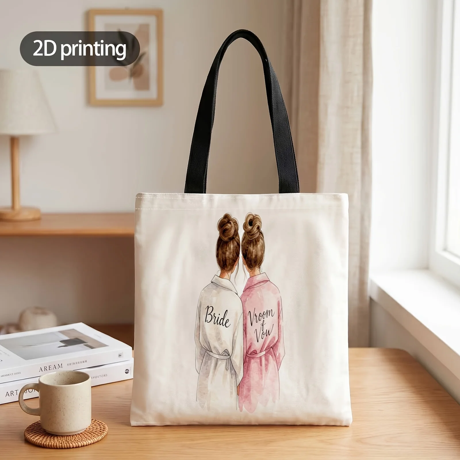1pc 2D Printed Handbag with Bride and Her Bridesmaid Pattern, Reusable Fashion Shoulder Bag Handbag Shopping Tote Bag Suitable f