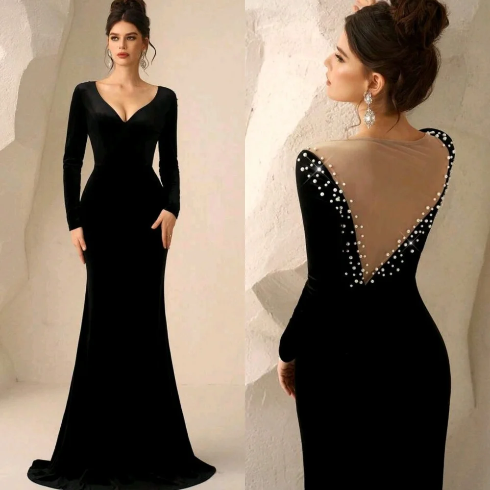 Customized Elegant Fashion Velour Pearl Pleat Mermaid V-neck Long Dresses Bespoke Occasion Dresses Sizes Available Modern Style