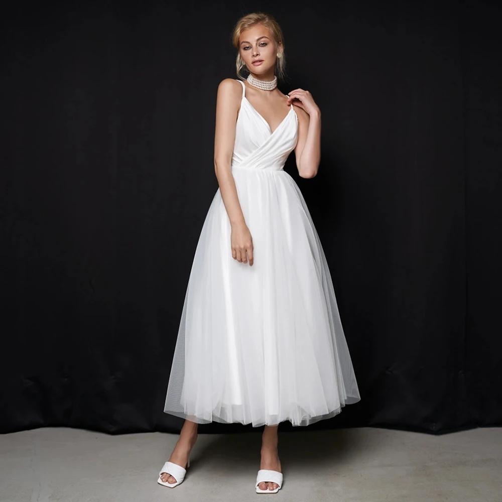 

Simple Short Wedding Dress 2023 Ladies Spaghtti Straps V Neck with Pleats Ankle Length Bridal Gowns Zipper Back Custom Made