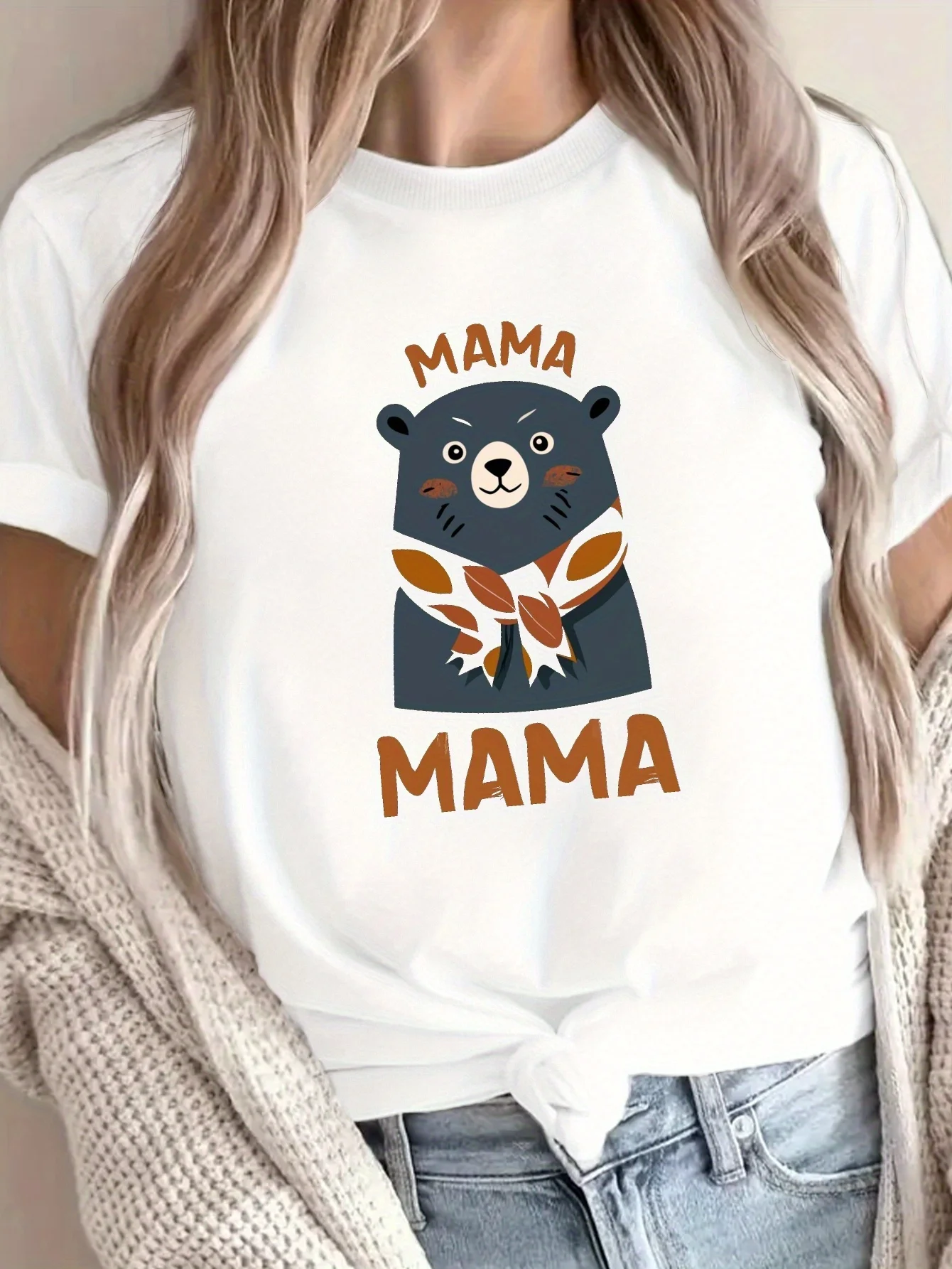 

Mama Bear Print Crew Neck T-shirt, Casual Short Sleeve Top For Spring & Summer, Women's Clothing camisetas