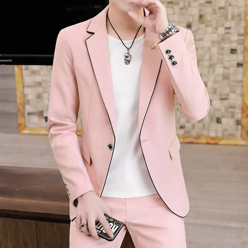 2024 autumn new men\'s Korean version slim (suit + trousers) Fashion and handsome solid color business trend hairstylist two-piec