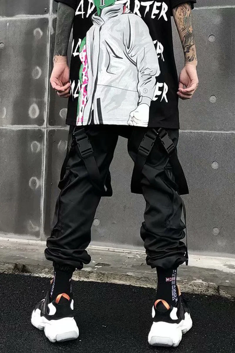 Streetwear Stacked ed Sweatpants 남성 힙합 펑크 카고 바지 남성용 블랙 리본 Harem Harajuku Japanese Fashion Trousers