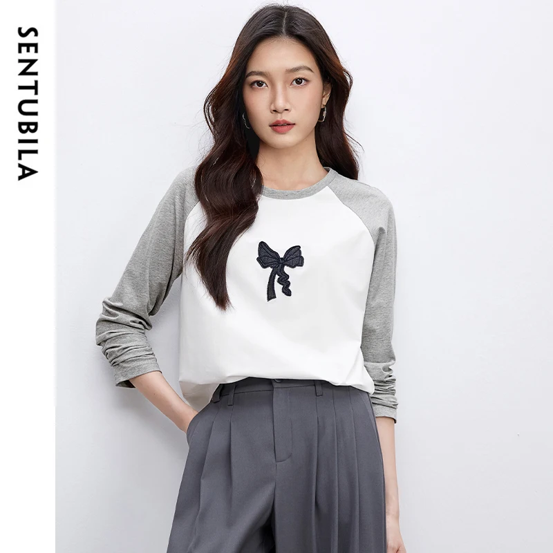 SENTUBILA Cotton Embroidery T-shirts Women 2025 Spring Casual Bow Print Long Sleeve Tee Shirt Tops Teen Girls Clothes 151T58759