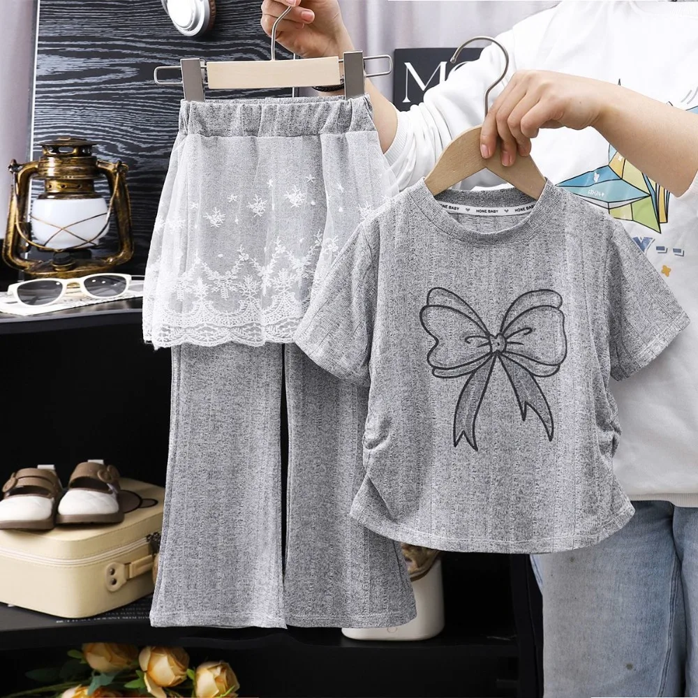 

Summer New Korean Version Casual Bow Print Short Sleeved T-shirt Top+lace Pants Two-piece Set for Girls' Clothes