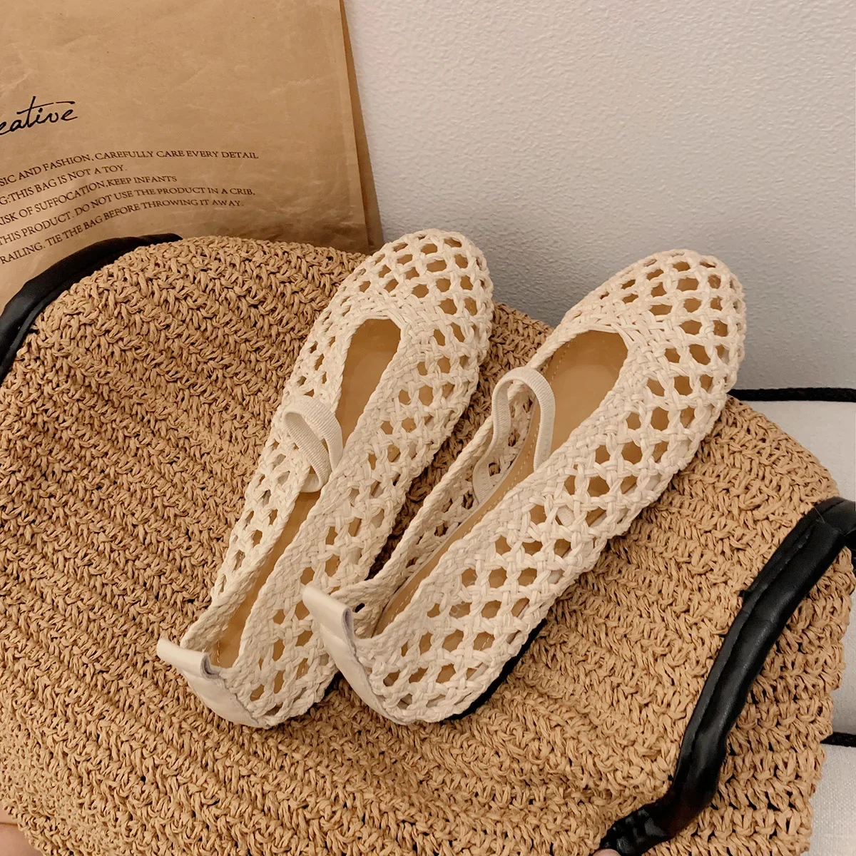 Zapatos Mary Jane elásticos huecos tejidos transpirables, zapatos cómodos de verano con punta redonda y suela de goma para mujer, estilo coreano