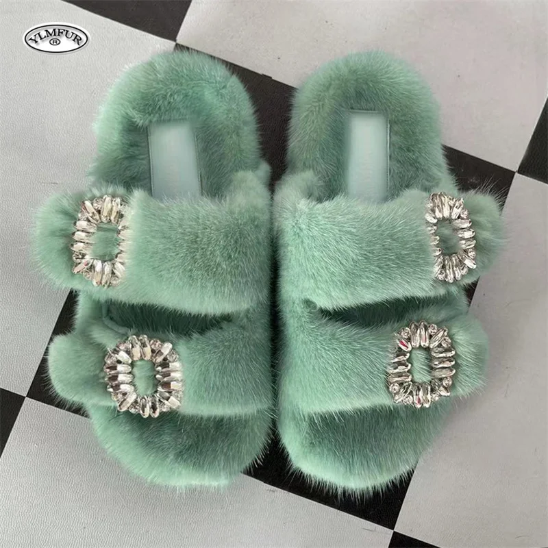 2024 New Women Fur Slippers Shoes Women Warm Winter Crystal Fur Shoes For Women Slippers Casual Plush Comfortable Mink Slippers