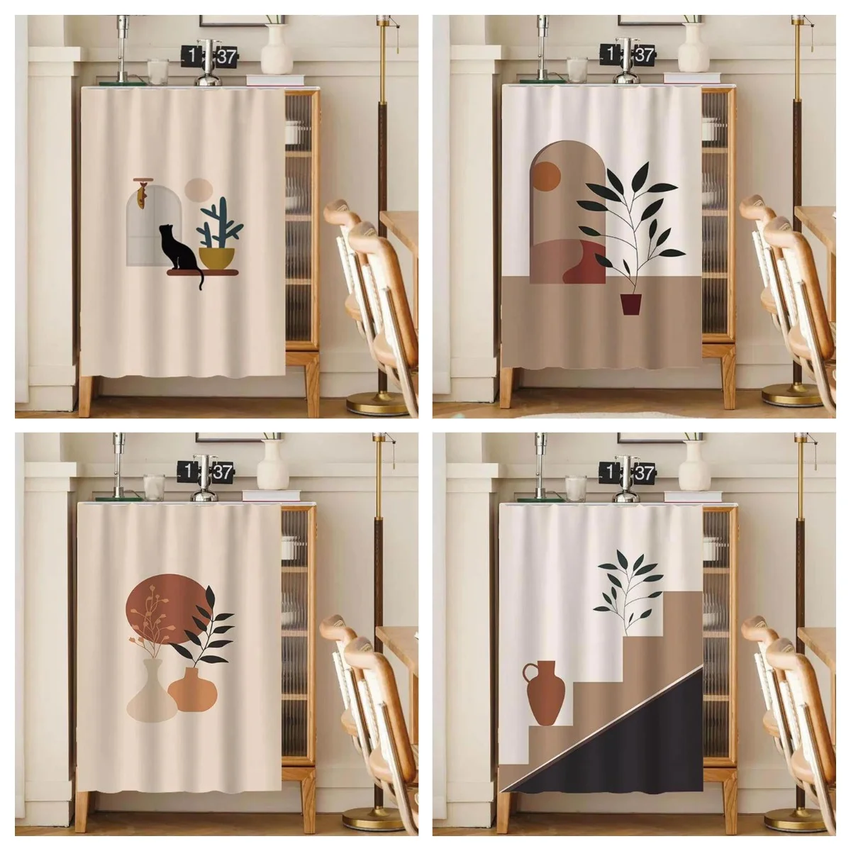 VIKAMA Modern Abstract Cabinet Cover Curtain Cat Plant Vase Print No-Drill Hook-and-Loop Minimalist Cupboard Shelf Room Decor