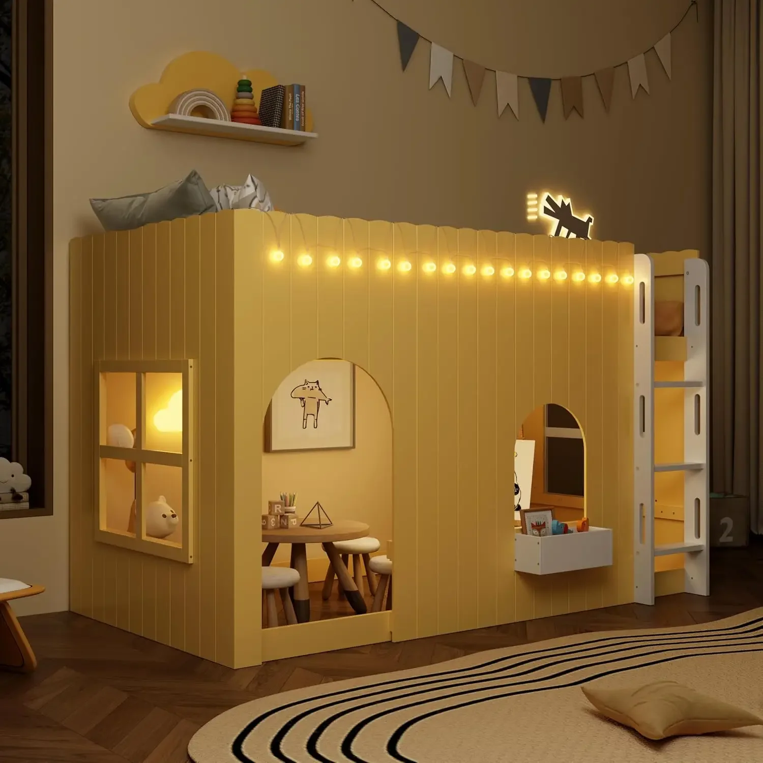 US Shipping Brand new  Playhouse Design Twin Size Loft Bed with Windows and LED Light String, Solid Wood Loft Bed Frame with Saf